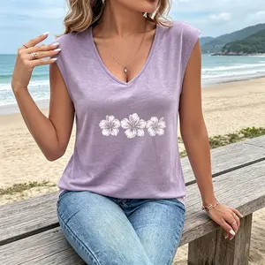 Women's Hibiscus Flower Print Cap Sleeve Tank Top, V-Neck Loose Fit Casual Summer Tee, Tropical Floral Graphic Blouse for Beach & Daily Wear