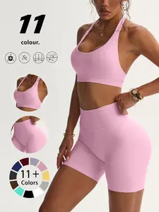 Women's Seamless Knitted Sportswear Set, Halter Bra & High Waist Shorts, Quick-Dry Comfortable Fitness, Sporty High Stretch for All Seasons, Workout Sets