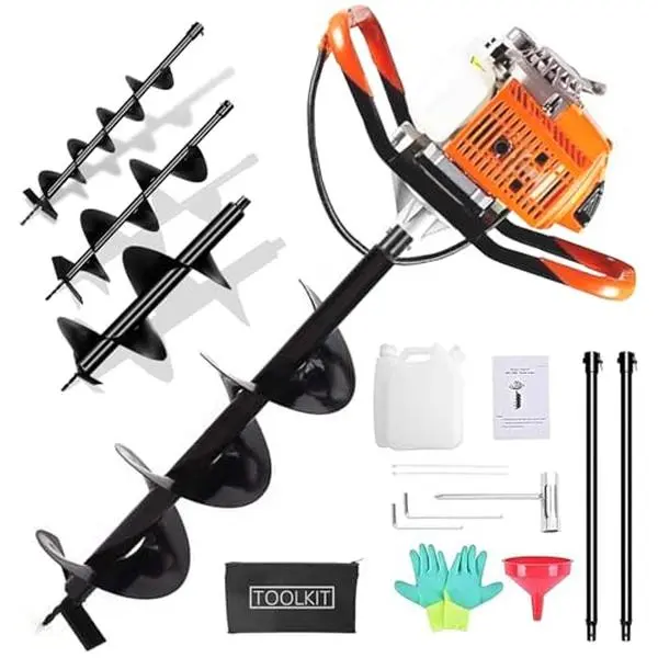 85cc Earth Auger, 2-Stroke Gas Powered Post Hole Digger with 3 Drill Bits (4" 6" 8") & 2 Extension Rods, Heavy Duty Power Drive for Farm, Garden Fencing, Landscaping and Planting