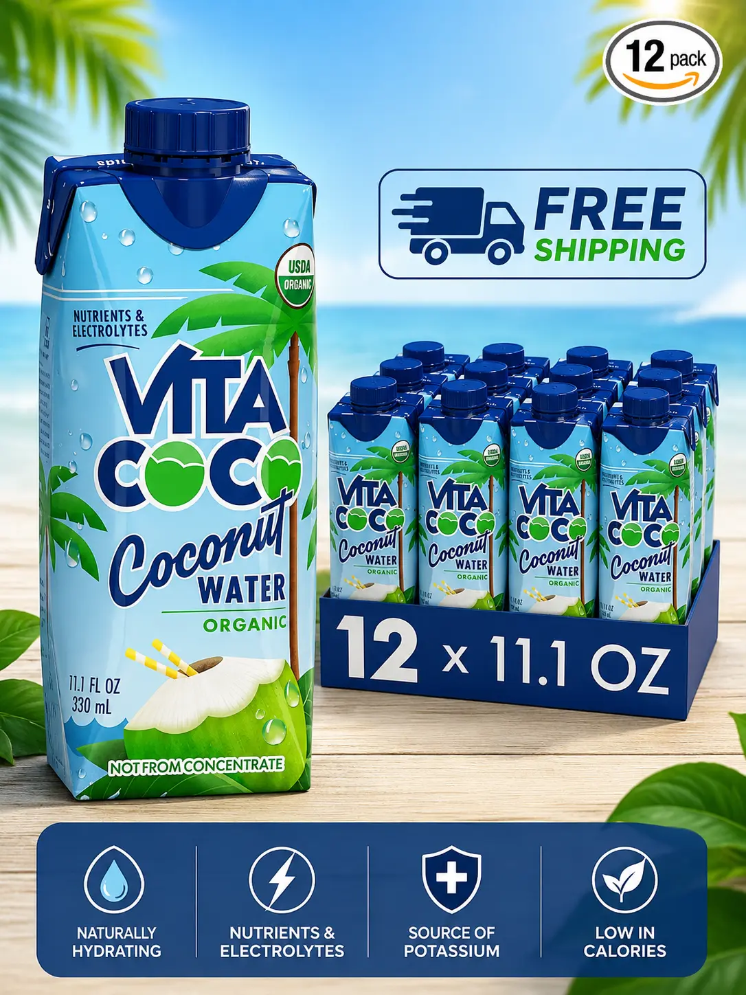 Vita Coco Organic Fruit Beverage, Original Coconut Water, 11.1 Oz (Pack of 12)