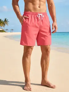 Men's 5 Inch Board Shorts with Triangular Mesh Lining, Summer Casual Beach Shorts with Side Pockets, Quick Dry Swim Shorts Swim Trunks, Drawstring Elastic Waistband Swimwear Beachwear Swimsuit Bathing Suit
