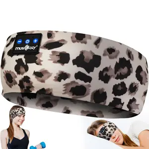 MUSICOZY Bluetooth 5.4 Sleep Headphones Headband,Invisible Earphones, Ultra-Thin HD Stereo Speakers, Noise Cancelling Earplugs, Sweat-Wicking Sports Headband with Leopard Print, Ideal for Side Sleepers, Sleeping, Running, Yoga, Office, Stress Relief