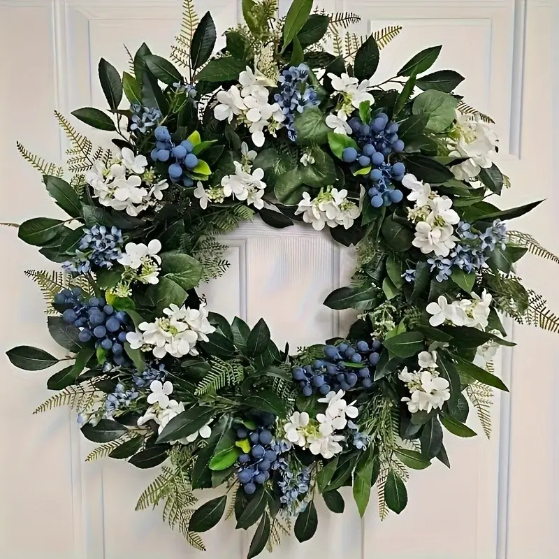 Year-Round Spring Summer Wreath, Floral Decoration, Artificial Blue Wildflowers & White Hydrangeas, Faux Floral Wall Hanging for Farmhouse Home Entrance Door, Maintenance-Free Gift for Women, Decor for Mother's Day Anniversary, Decorative Flower Wreath