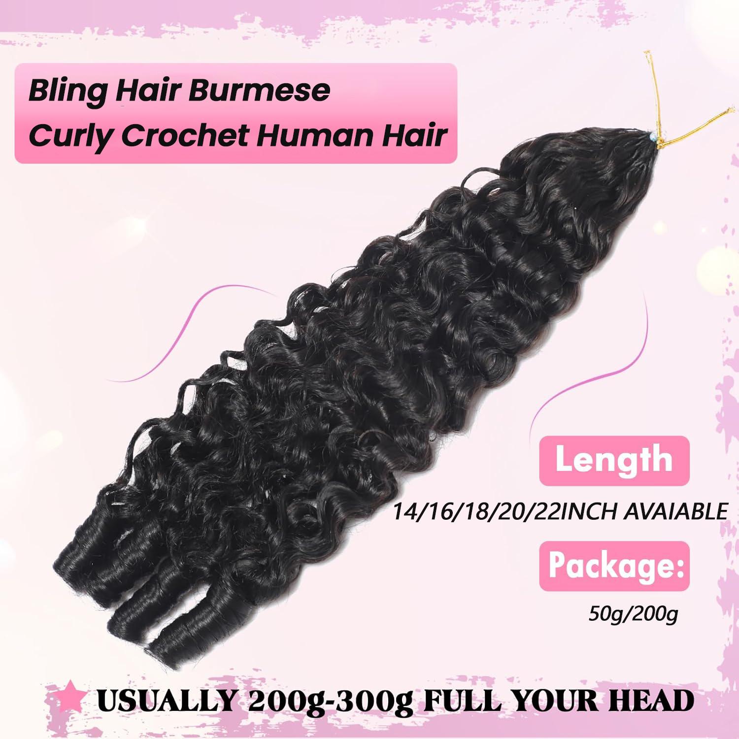 Bling Hair Burmese Curly Crochet Human Hair for Miracle Knots Boho Braids Burmese Curly Knotless Pre-Separated 50g / Bundle - Time-Saving,  4 to 5 Bundles Recommended for a Full Head