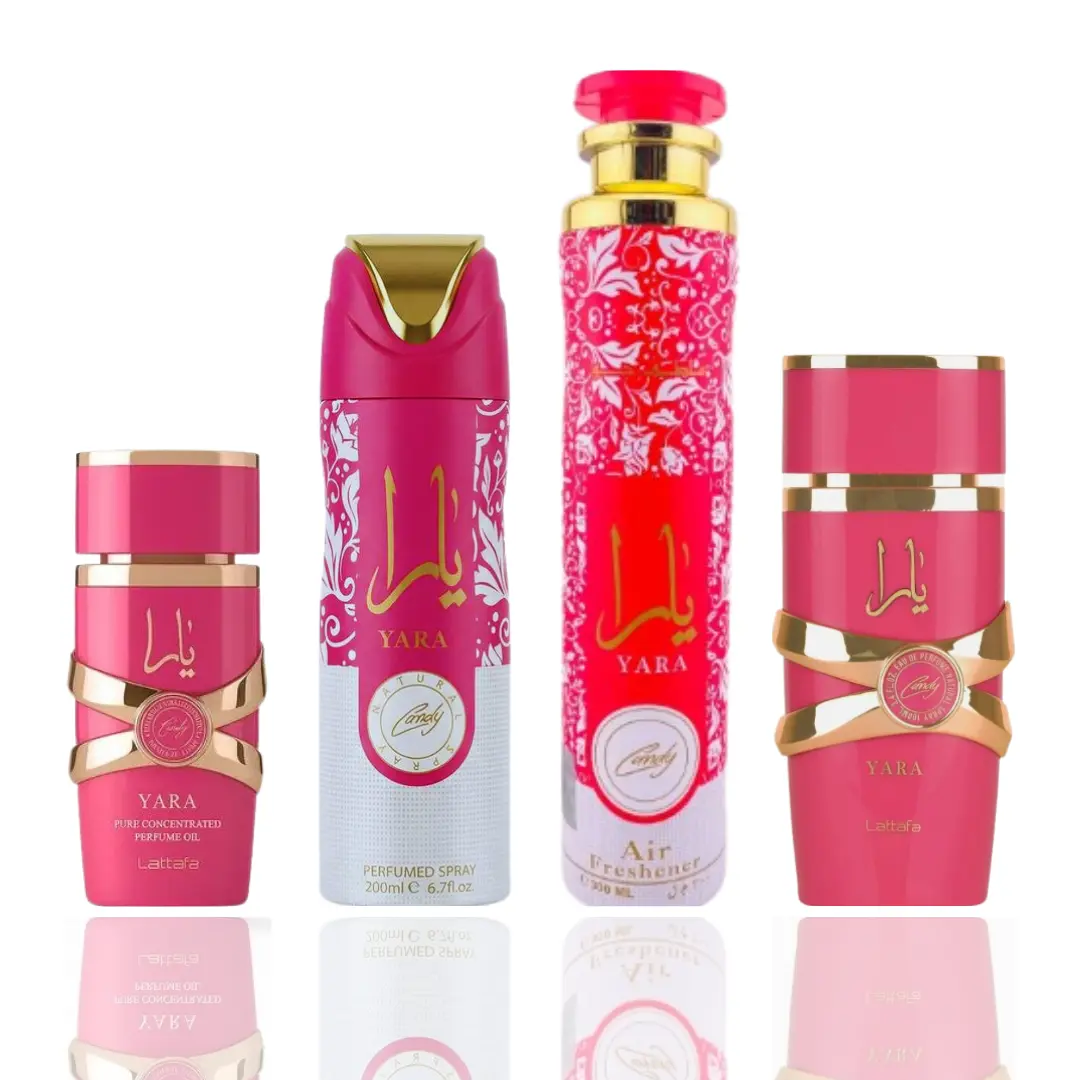 Lattafa Yara Candy-Flavored Women's Fragrance 4-Piece Bundle - 20ml Oil, Creamy Fruit-Flavored Scent, Strong-Smelling Long-Lasting Perfume, Body Spray, Home Fragrances (Vanilla Caramel Notes)
