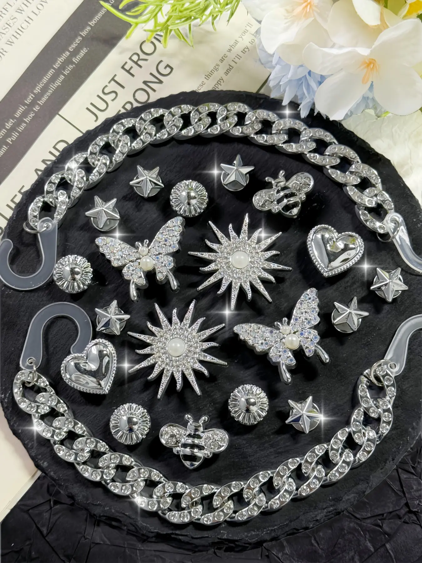 20pcs Silver Color Chain Butterfly Motifs Sun Motifs Animal Pattern Shoe Charms, Bling Shoe Charms, Sparkling Shoe Charms, Modern DIY Detachable Shoe Decorations, Shoe Ornaments, Unisex All Season Casual Footwear Accessories, Shoe Charms Set