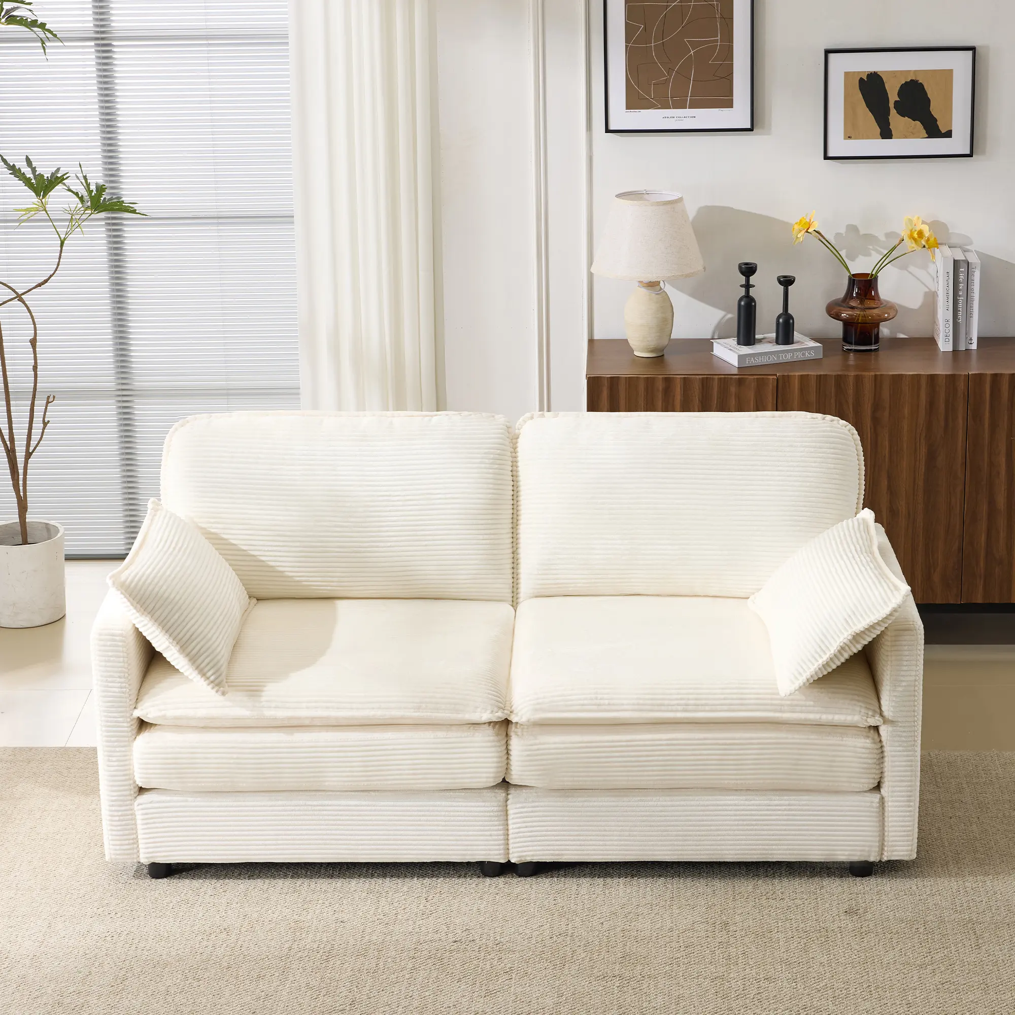 Modular 2-Seater Loveseat Sectional Sofa, 69" Compact Cloud Couch with Corduroy Upholstery, Wood Frame, Medium-Soft Foam, Beige, Includes 2 Throw Pillows, Ideal for Apartment Living Room Bedroom