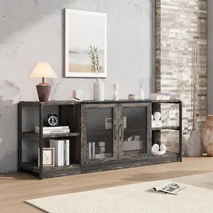 70-Inch Farmhouse TV Stand - Industrial Entertainment Center with Storage Cabinet, 2 Mesh Doors, Rustic Oak Wood 2-Tier Console, TV Stand Living Room, Cabinet Storage Organizer for Bedroom