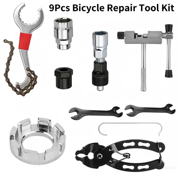 9Pcs Professional Bicycle Repair Tool Kit - 9-in-1 Durable DIY Mechanic Workshop & Home Set with Chain Breaker, Crank Puller, Cassette Remover for Mountain, Road & Carbon Mtb Bikes, Durability