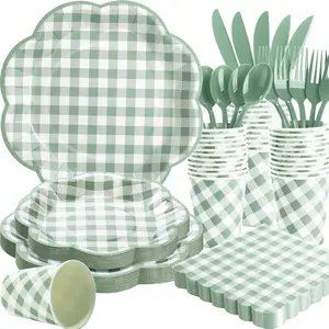 175 Pcs Green Gingham Paper Plates and Napkins Party Supplies-Green and White Checkered Plates Scalloped Plaid Plate For Birthday Dinner, Picnic, BBQ Party Decorations, Serve 25 Guests