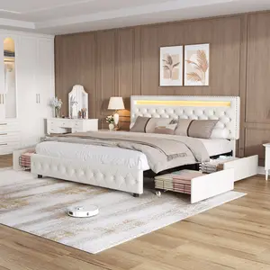LED Bed Frame with 4 Storage Drawers: Equipped with 4 fully enclosed fabric drawers for dust-sealed storage.