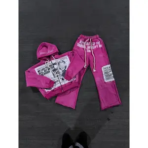 Streetwear Harajuku Retro Two Piece Men and Women Hip Hop Punk Patch Printed Loose Zipper Hoodie Fashion Casual Sports Pants