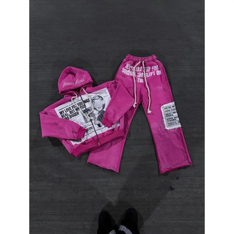 (New)Streetwear Harajuku Retro Two Piece Men and Women Hip Hop Punk Patch Printed Loose Zipper Hoodie Fashion Casual Sports Pants