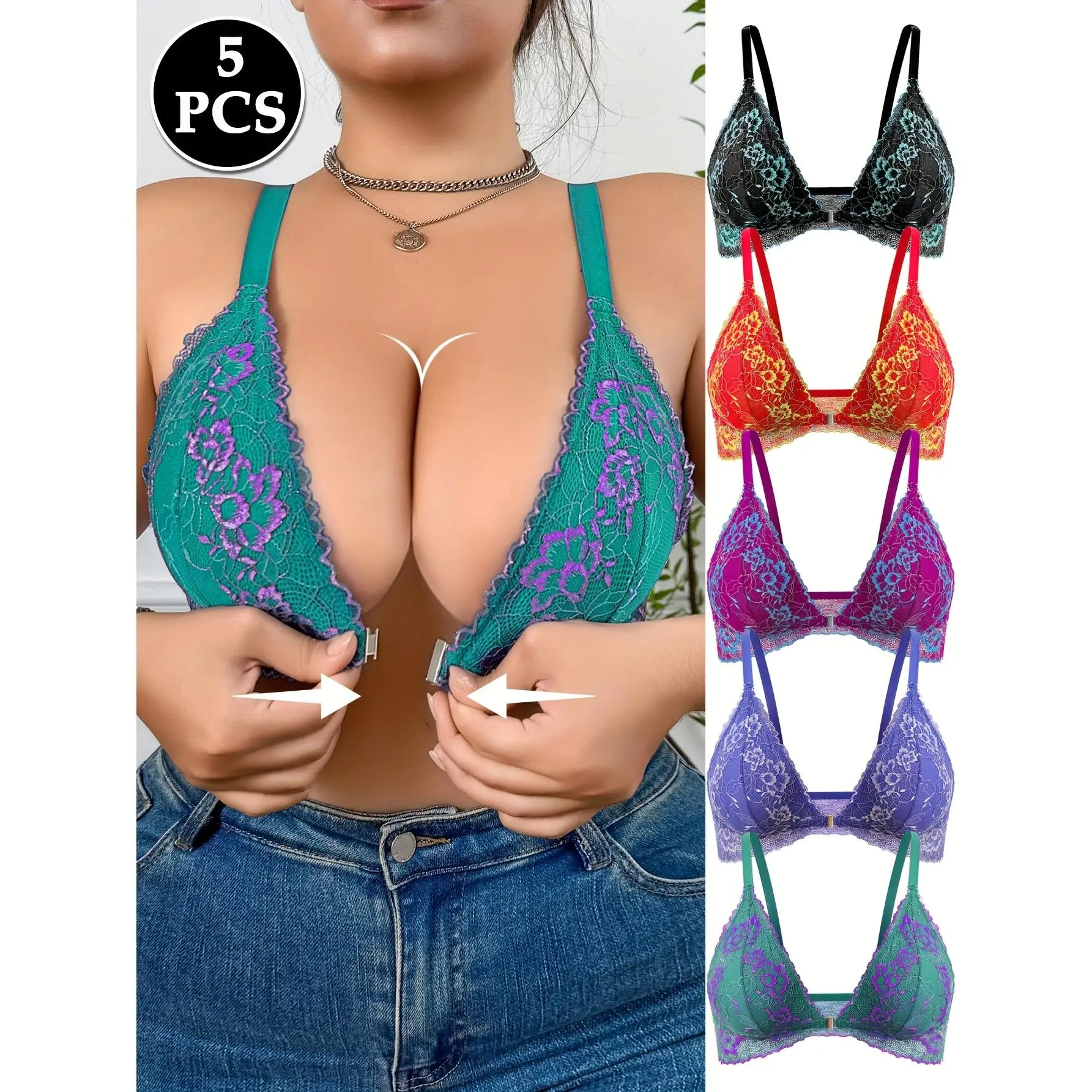 5 pieces of plus-size front-opening bras, floral lace triangle cup bras, elegant wireless lace bras for women, with contrasting color lace decorative details, lightweight and breathable, soft and elastic, comfortable and close-fitting lingerie, exquisite