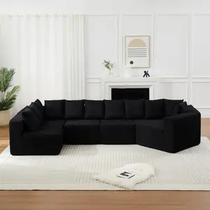 151.6'' oversized couch Extra-Large L-Shaped Deep-Seat Modular Sofa Chenille Fabric Sectional Sofa Includes 11 Pillows Curved Recliner Floor-Standing Living Room Sofa No Assembly Required   Black