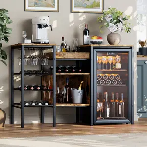 Mini Fridge Cabinet Stand w/Storage, Coffee Bar Cabinet w/Mini Fridge Space, Bar Stand w/Wine Rack & Glass Holder, Microwave Stand Bakers Rack w/Reversible Frame