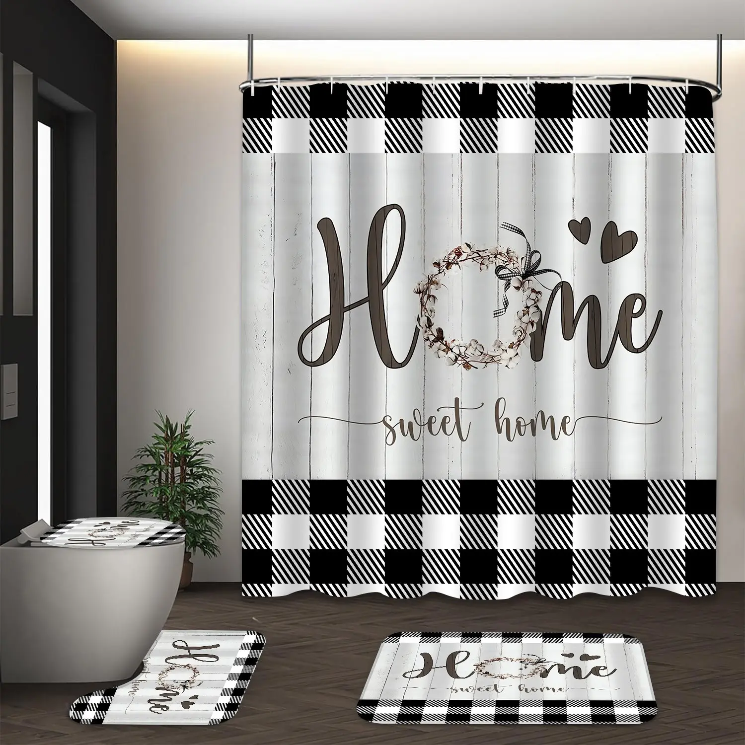 Plaid & Letter Pattern 4pcs Non-slip Bathroom Decoration Set, Including Bath Curtain, Toilet Lid Mat & Bath Mat, Bathroom Supplies, Home Goods, Bathroom Decoration Accessories, Bathroom Decor And Accessories