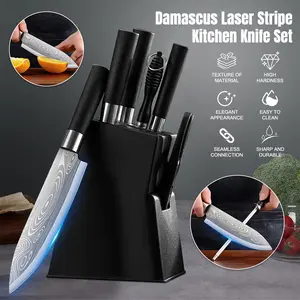 7PCS Kitchen Knife Set Japanese Damascus Pattern Chef Knives Stainless Steel Cleaver, High Carbon Kitchen Knife Set with Block & Sharpener