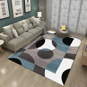 Modern Geometric Circle Flannel Area Rug, Decorative Area Rug - Blue Grey Abstract Print Soft Mat for Living Room & Bedroom, Non-Slip Home Decor Abstract Rugs