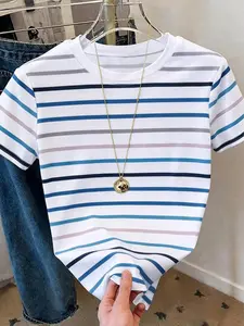 New Summer-Autumn Women's Short Sleeve T-Shirt, Blue- Striped Knit Top, Loose Fit Digital Print, Casual Versatile Outerwear