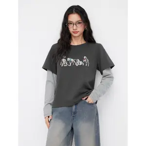 Cider Dog Graphic Striped Long Sleeve Two Tone Oversized Tee