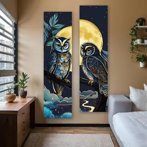 Owl & Moon Pattern Vertical Banner Tapestry, 2 Counts/set Clouds Starry Night Landscape Long Narrow Tapestry, Wall Hanging Nature Aesthetic Art Tapestries, Decor, Starry Sky Pattern, Home Bedroom Decor