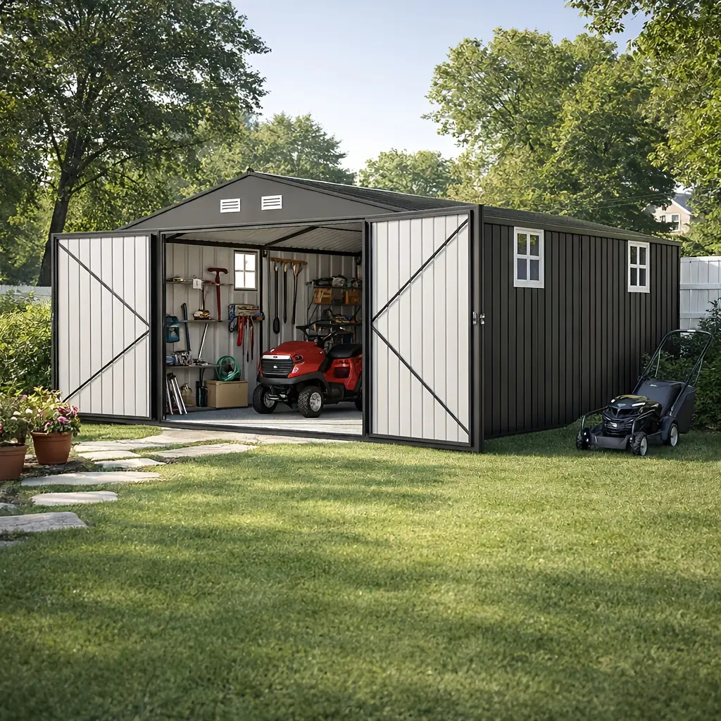 PAPAJET 12.7×20.1ft Outdoor Storage Shed, Large Metal Garage Shed with 2 Double-Hinged 4-Panel Doors and Windows, Carport for Cars, Trucks, Bikes, Trash Cans, and Lawn Mowers