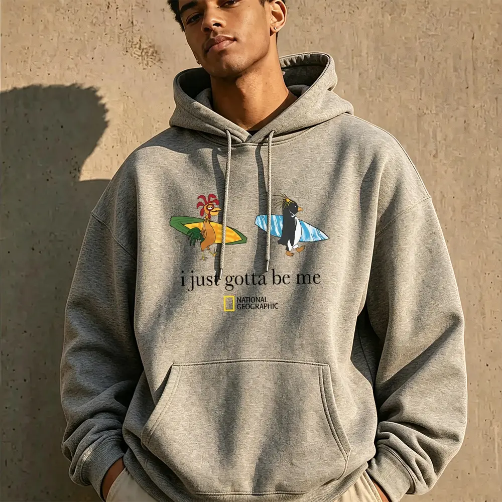 Funny Surfing Rooster & Penguin Cartoon Graphic Drawstring Hoodie Men Pullover Sweatshirt