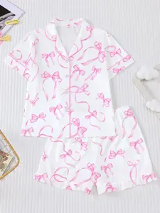 Sweet Bowknot Printed Pajama Set, Fitted Short Sleeves & Elastic Waist Shorts, All-Season Comfortable Sleepwear