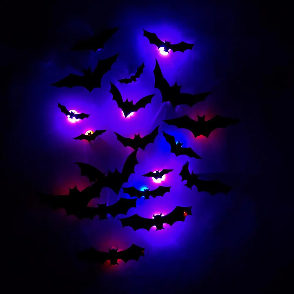 3D Bat Design LED Decoration, 12pcs/set Bat Shaped Wall Sticker, Decorative Light for Home Party Festival, Themed Decorative Lights, Halloween Decoration