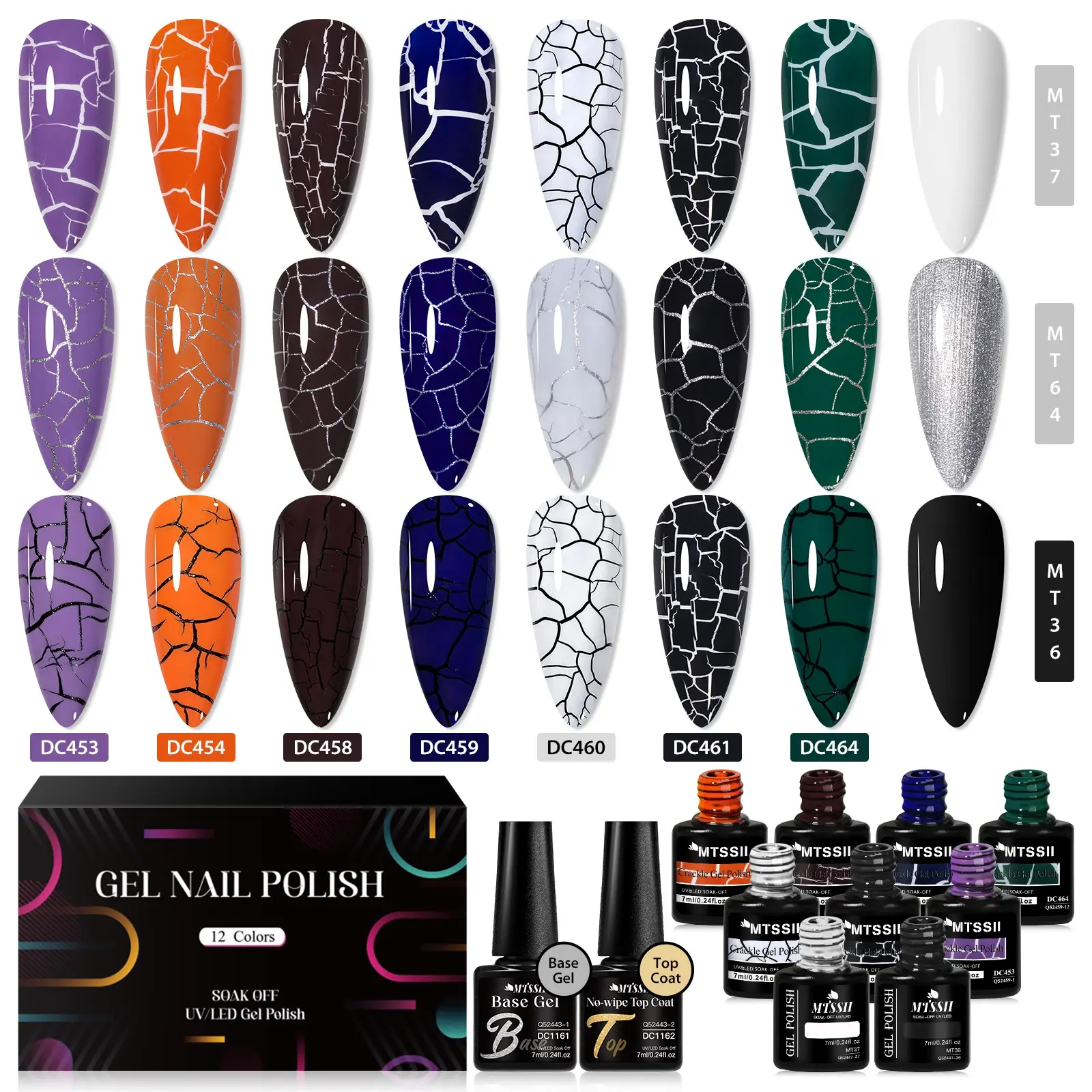 MTSSII 12pcs Stylelish Crackle Gel Nail Polish Set, Base And Top Coat Nail Polish, Long Lasting with Base Coat Glossy/Matte Gel Topcoat Soak off Need UV Lamp, Manicure for Nails Art Cutics Crack Style, Safe, Durable