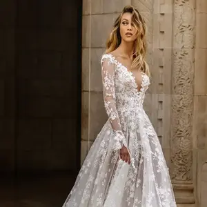 Long-Sleeve Evening Wedding Dress with Touch Lace for Spring and Summer