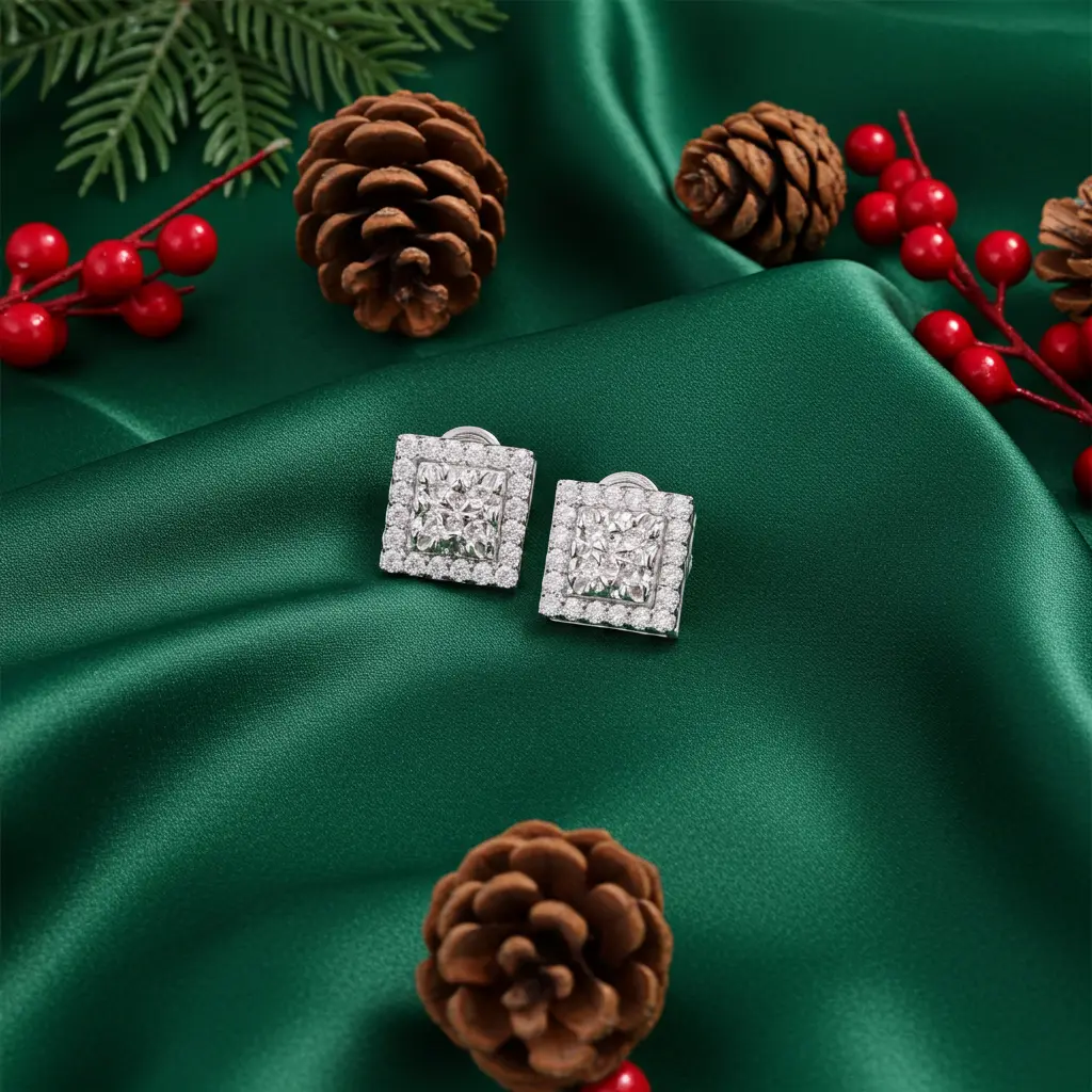 King of Bling's 1.00ct Moissanite White 925 Sterling Silver Women's Square Shape Nugget Earrings