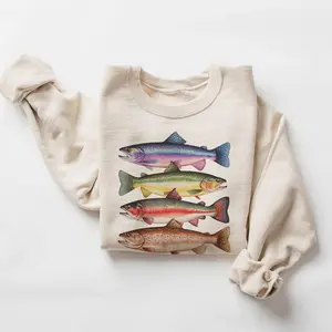 Abstract Colorful Trout In A Row Graphic Sweatshirt, River Fish Trout Species Fly Fishing Boho Pullover Hoodie For Men & Women