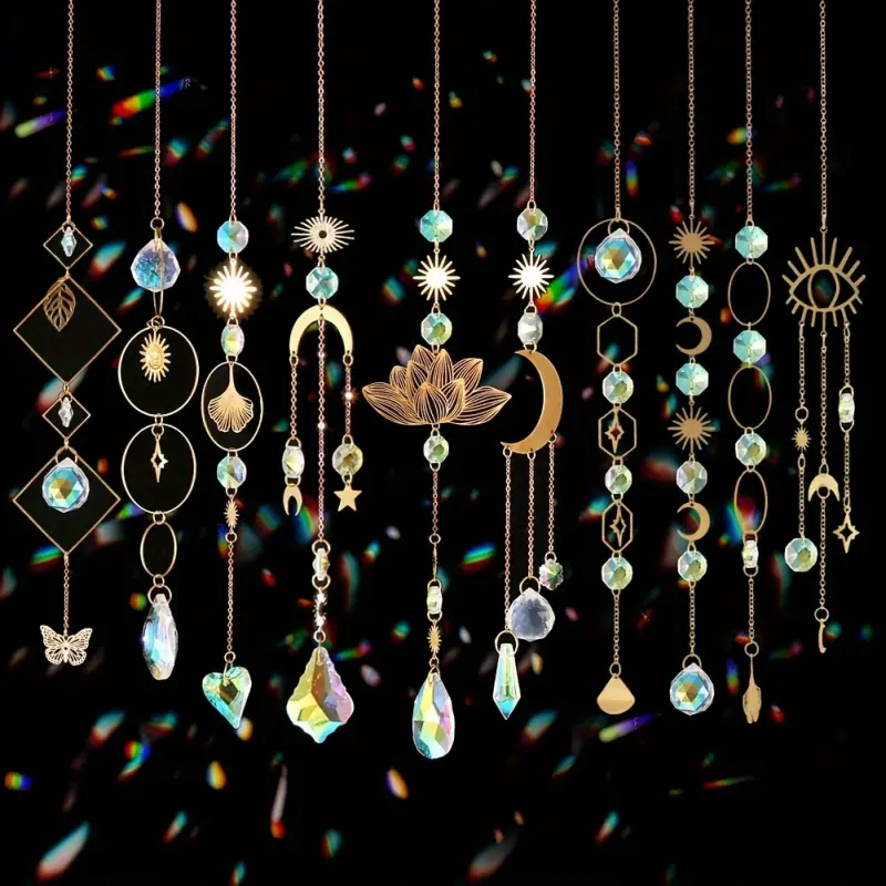 10-piece crystal dream catcher pendant set with chain rainbow ball pendant ornaments, suitable for indoor windows, courtyards, gardens, terraces, car mirrors and Christmas tree decorations, Hanging Decoration