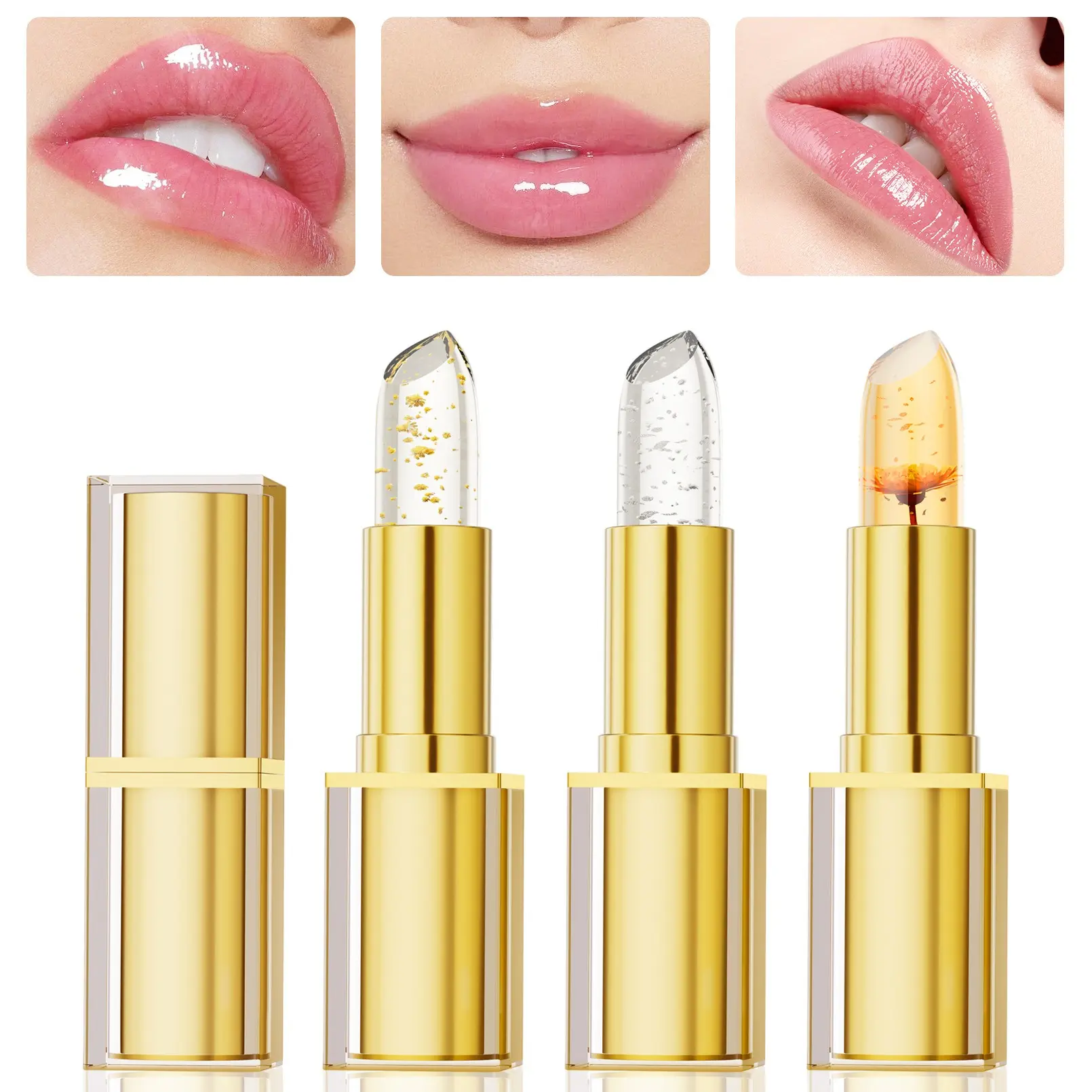 Color-Changing Lipstick with Gold Crystal - Transferproof & Long-Lasting, pH & Temperature Sensitive for Customized Shades