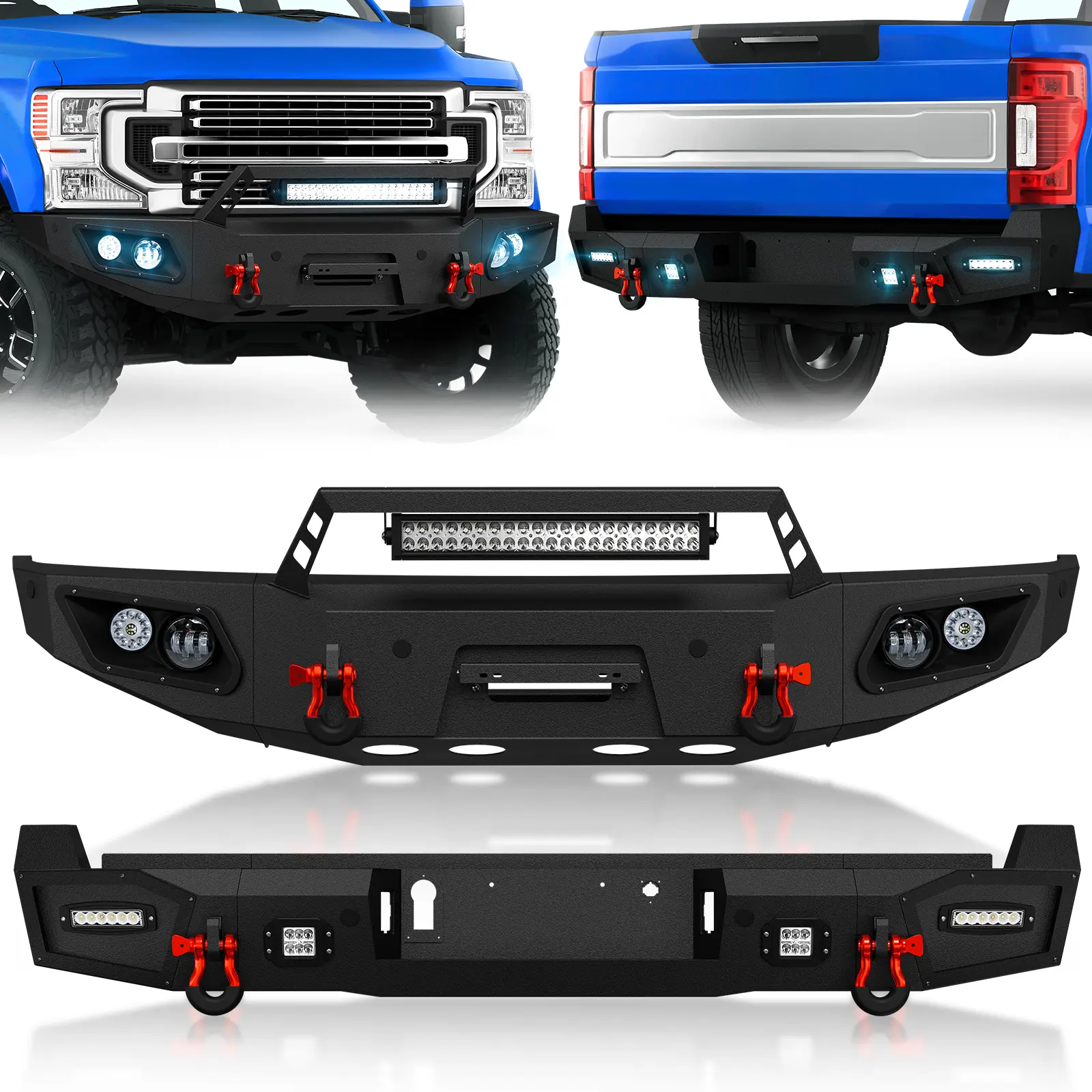 【EYOUHZ】Body Armor Bumpers, Car Accessories, Accessories for Car - 120W Wide Beam, Sensor-Ready Holes, Skid-Resist Plate Front & Rear Bumpers for 2017-2022 4th Gen Ford F250 F350 F450
