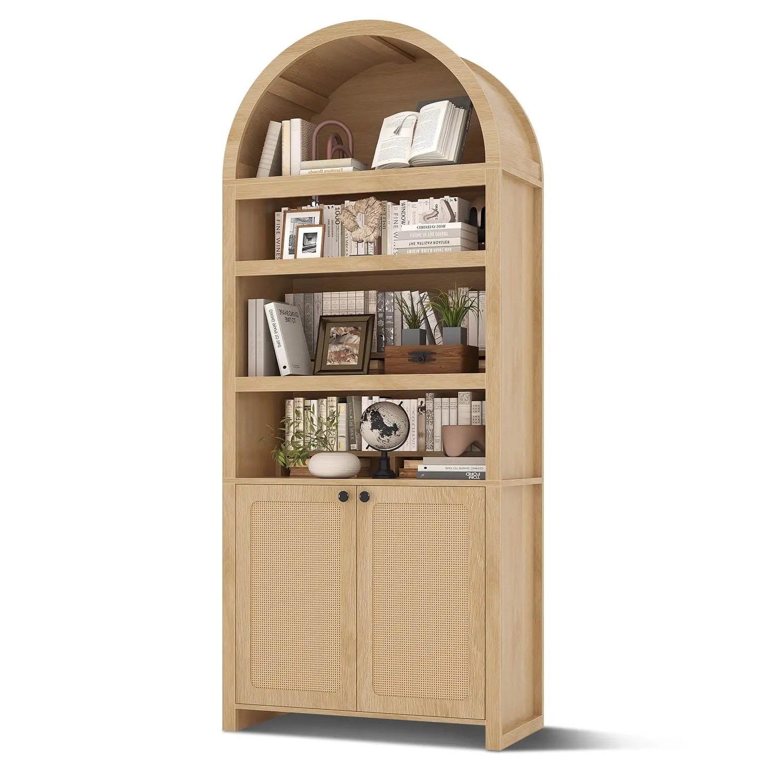 SIKAIC 81-Inch Tall Mid Century Arched 6-Tier Engineered Oak Wood Bookshelf with Door, Foldable Wood Riser, Anti-Tipping Indoor Home Library Collectibles Shelving Unit for Living Room Furniture