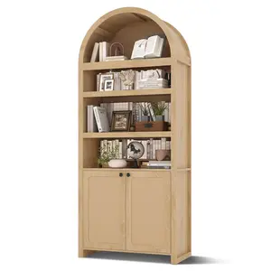 SIKAIC 81-Inch Tall Arched 6-Tier Oak Bookshelf with Door, Indoor Living Room Furniture Shelving Unit