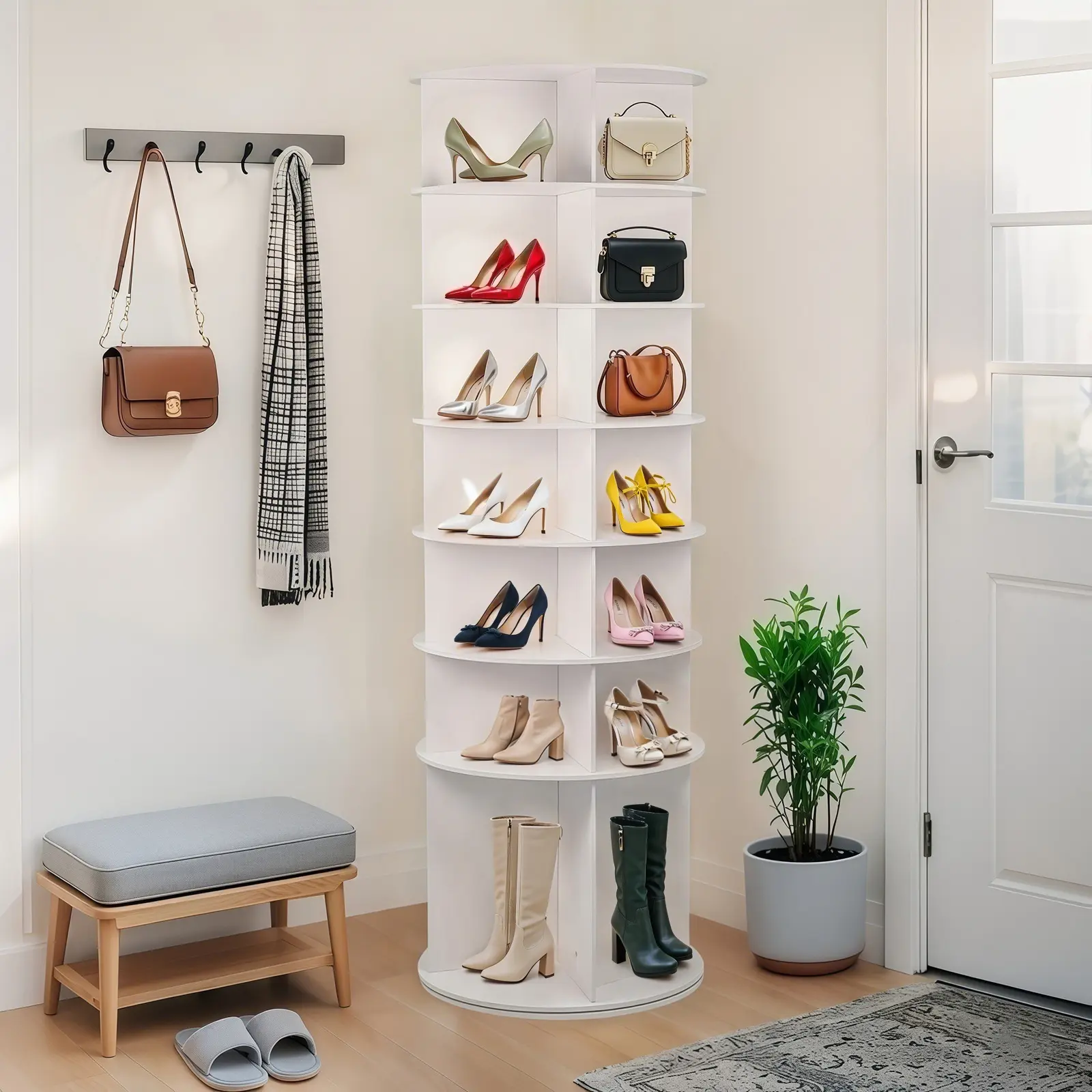 Minimalist 7-Tier Rotating Shoe Rack for Closet - 360° Spinning PVC Organizer with Boot Position, High Bottom Design, Holds 28 Pairs, Stable White Indoor Furniture Shelf for Room Decor, Shoe Storage Organizer