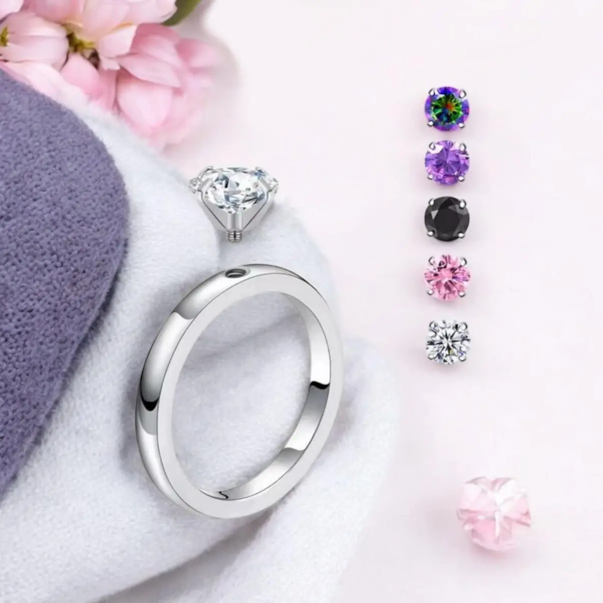 Quality Stainless Steel 5PC Interchangeable 1.5CT Zirconia Solitaire Ring (Size 5-10)