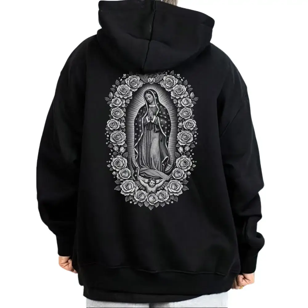 Men's Virgen Guadalupe Chicano Chicana Rose Unisex Hoodie, Medium-Heavy Cotton Fabric Comfortable Tops, Hoodies for Women Sweatshirt