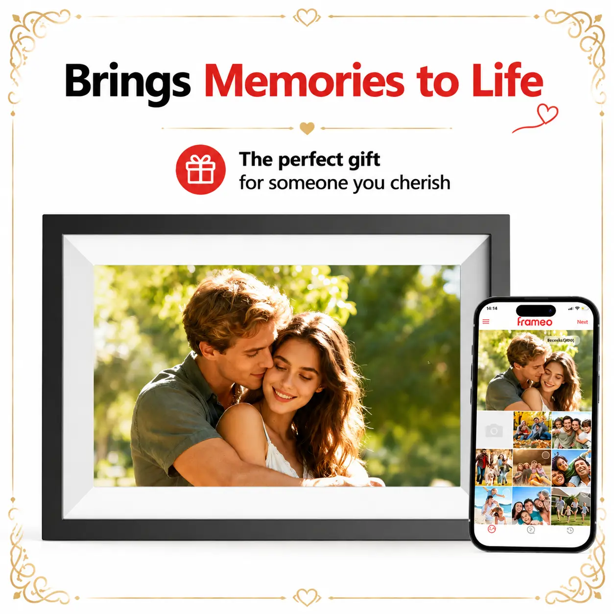 Digital Photo Frame,10.1 Inch Frameo Digital Picture Frame, 1280x800 IPS LCD HD Touch Screen,Auto-Rotate,16GB, Supports SD Cards,Share Photos and Videos,Easy Setup Over WIFI,Gift for Valentine's Day,Gift for Graduation&Birthday,Father's Day Gift