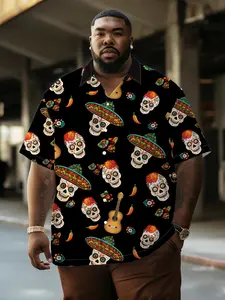Men's Halloween Skull Print Shirt, Fun Ethnic Style, Loose-Fit, Breathable, Casual Summer Wear, Unique Fashion for Men