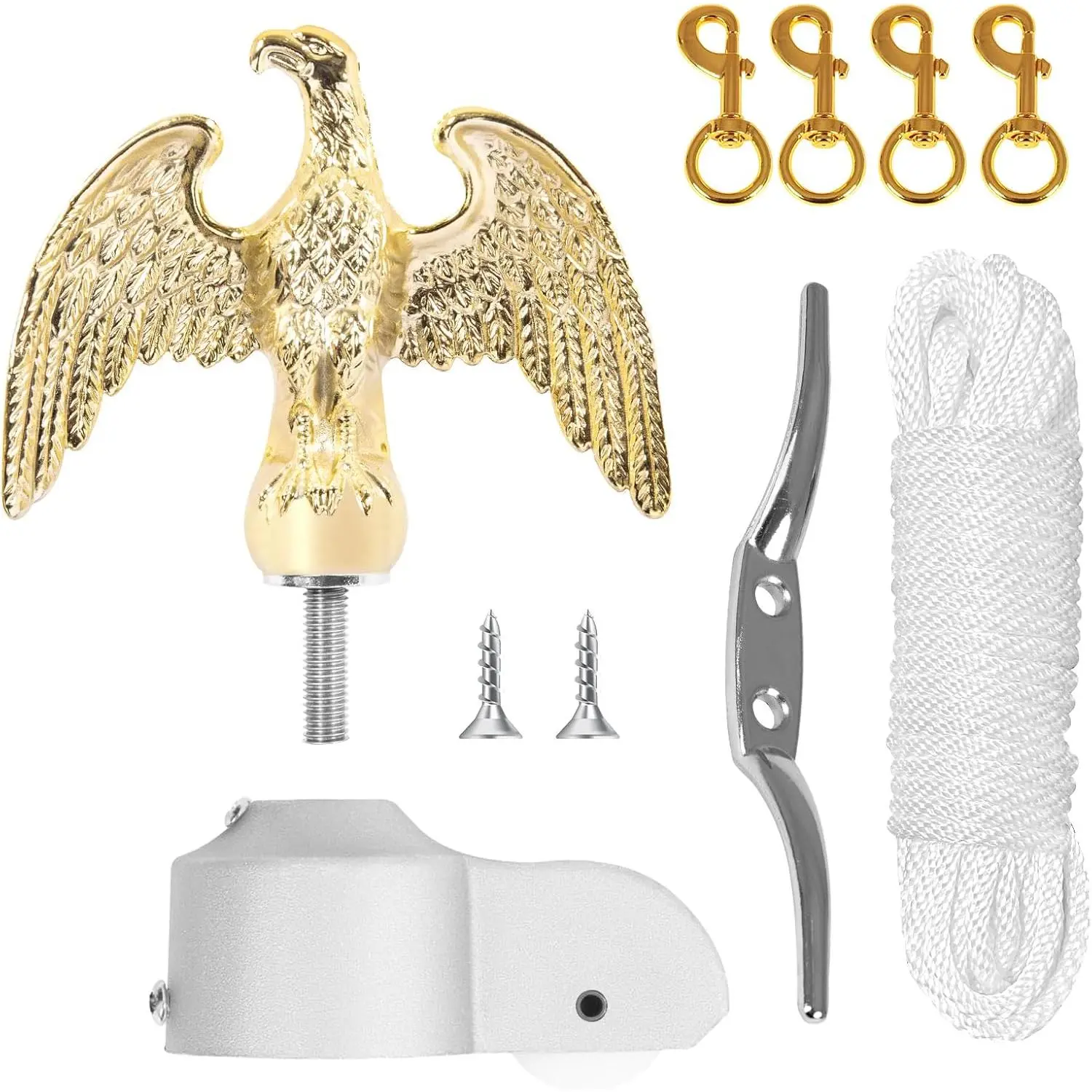 Flagpole Hardware Repair Parts Kit-50 Ft Halyard Rope +7" Gold Eagle+6" Zinc Alloy Cleat +4 Flag Swivel Snap Hooks+Aluminum Alloy Flagpole Truck for 2" Diameter Flag Poles Top
