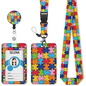 HY-KC149 ID Badge Holder with Breakaway Lanyard, Lanyards for ID Badges Name Tags ID Card Holder, Cute Badge Reel Badge Clip Retractable, Autism Awareness Gifts