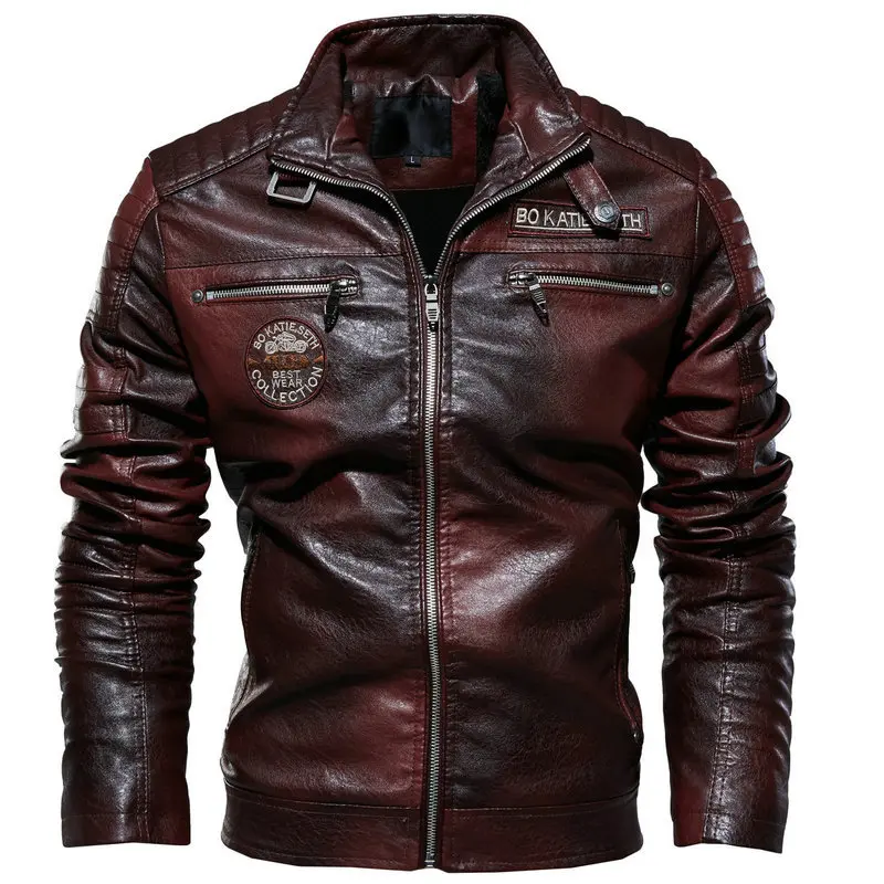Men’s faux leather motorcycle jacket with stand collar and zipper, winter fleece outerwear; men’s winter jacket, windproof for outdoor use.