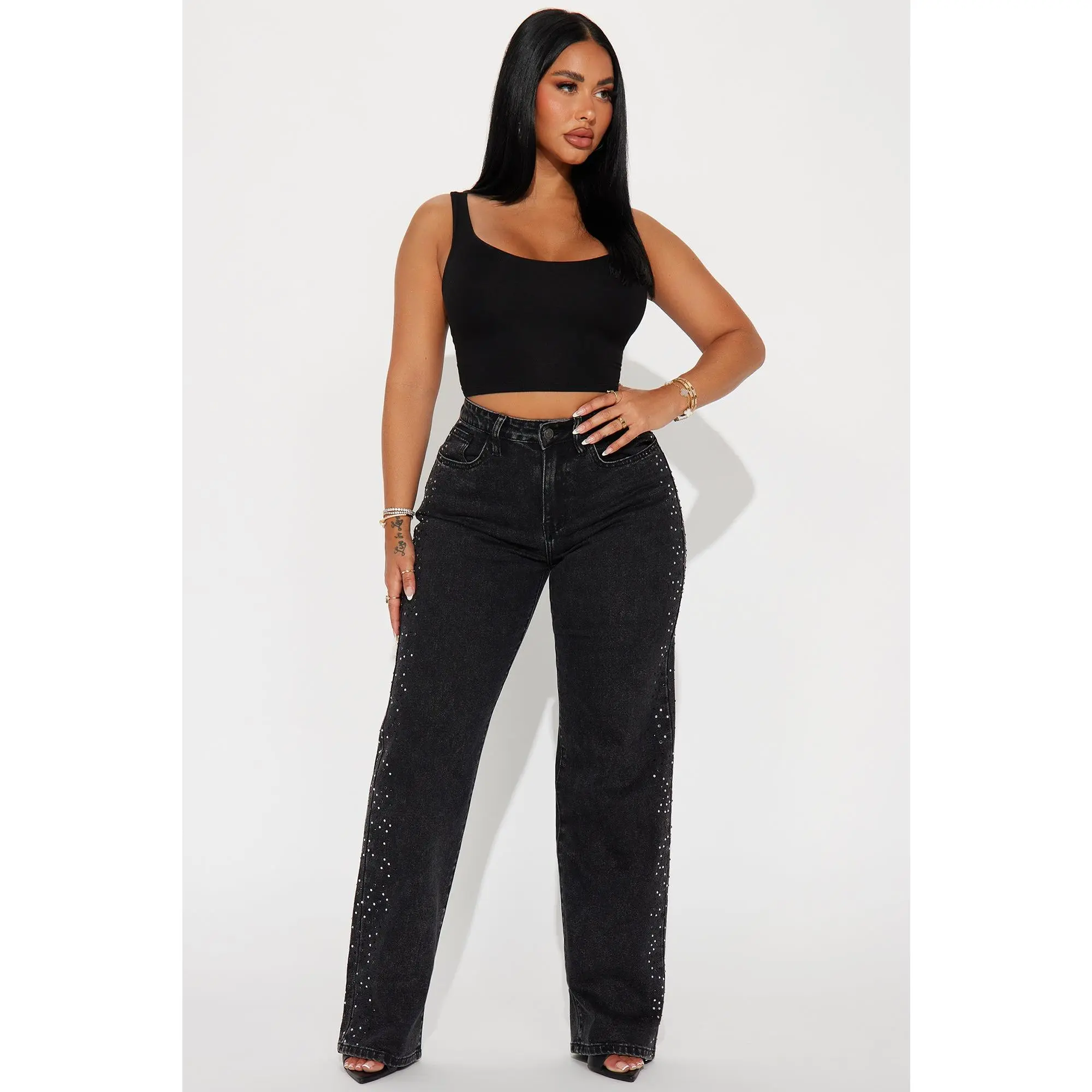 Always Shining Stretch Embellished Straight Leg Jeans - Black Wash