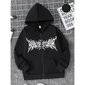 Boys' Casual Hooded Zip-Up Jacket - 100% Polyester Knit Fabric with Alphabet Print, Slight Stretch, Loose Fit for Fall/Winter Season - Ages 12 and Under