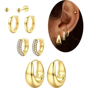 FIASASO Small Chunky Gold Hoop Earrings for Women Hypoallergenic - Gold Silver Hoop Earring Stacks Non Tarnish 14K plated  Gold Plated Flat Back Huggie Hoop Earring Sets for Multiple Piercing Lightweight 4Pairs